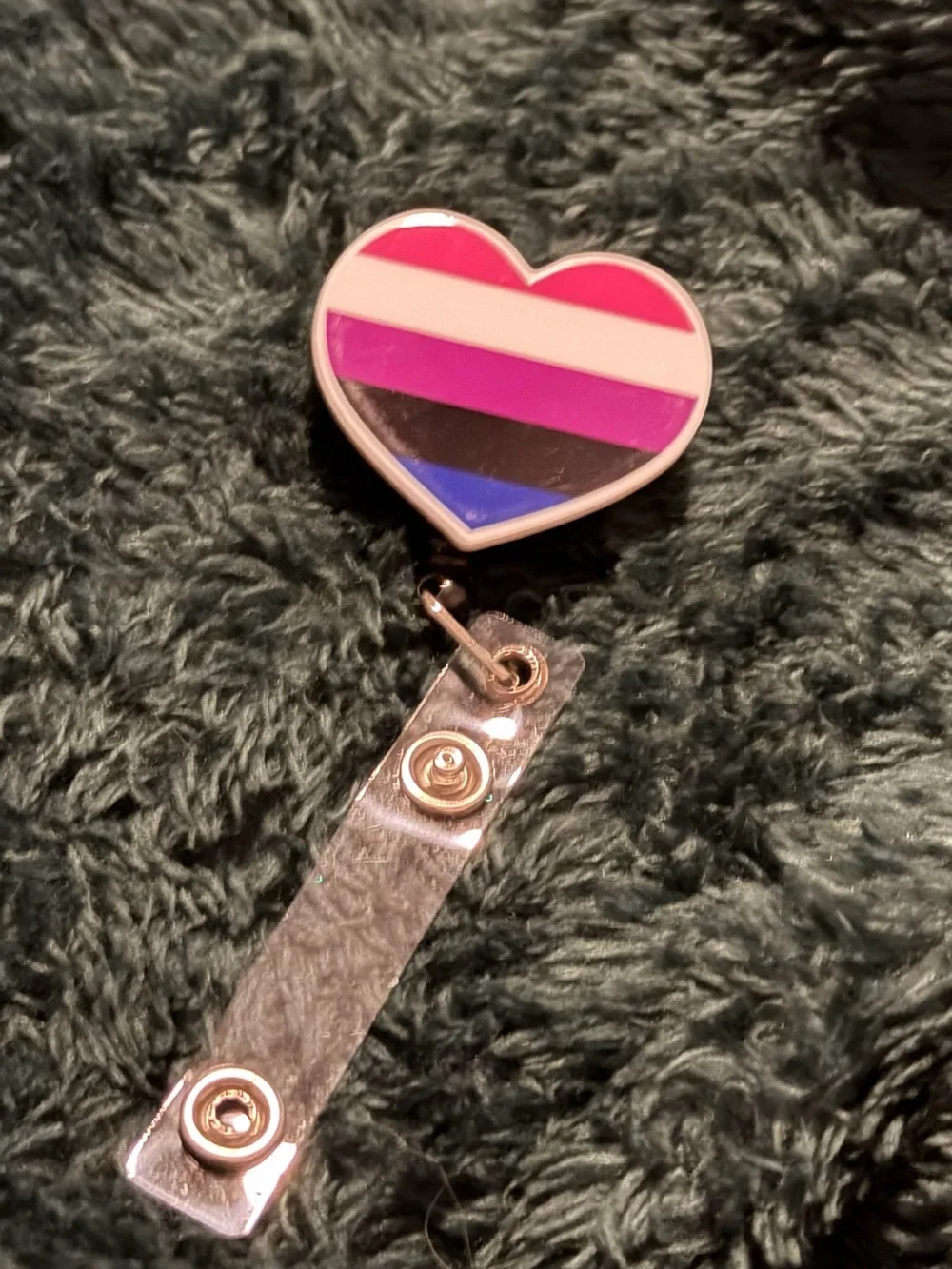 Heart Badge Reel with Pink, White, Purple, Black & Blue Pride Stripes